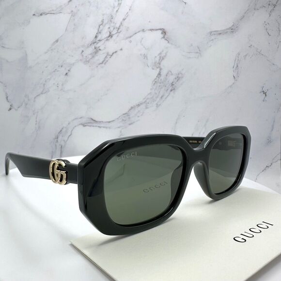 New Gucci Sunglasses Black Rectangular Square Gold Metal GG Logo 54mm - Picture 12 of 16